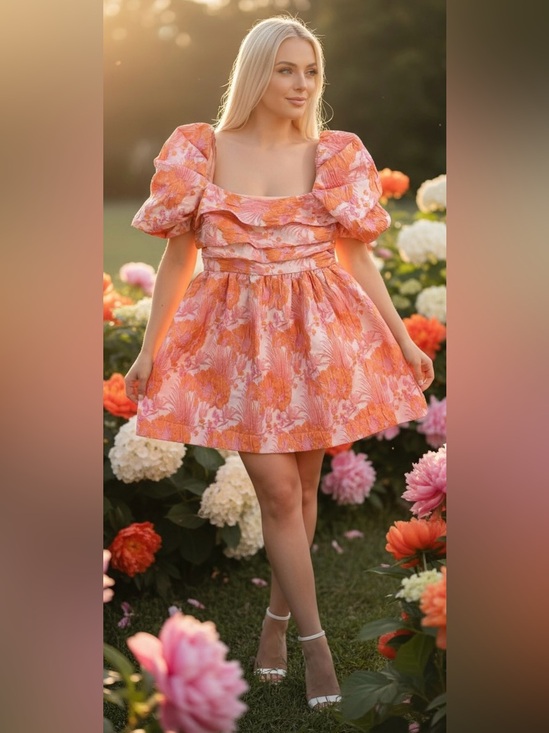 Fashion Nova Dresses & Skirts - Fashion Nova Womens Orange Pink Floral Jacquard Puff Sleeve Mini Dress Large